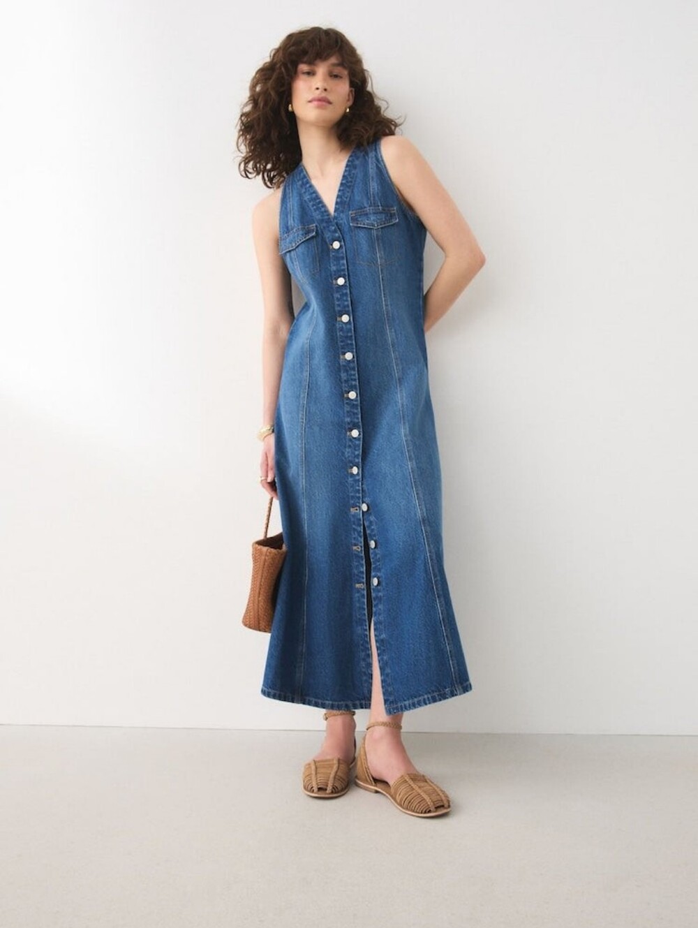 Vintage Denim Button Up Maxi Dress L